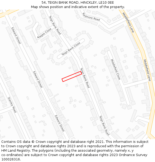 54, TEIGN BANK ROAD, HINCKLEY, LE10 0EE: Location map and indicative extent of plot