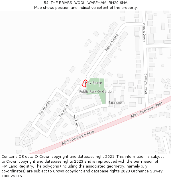54, THE BRIARS, WOOL, WAREHAM, BH20 6NA: Location map and indicative extent of plot