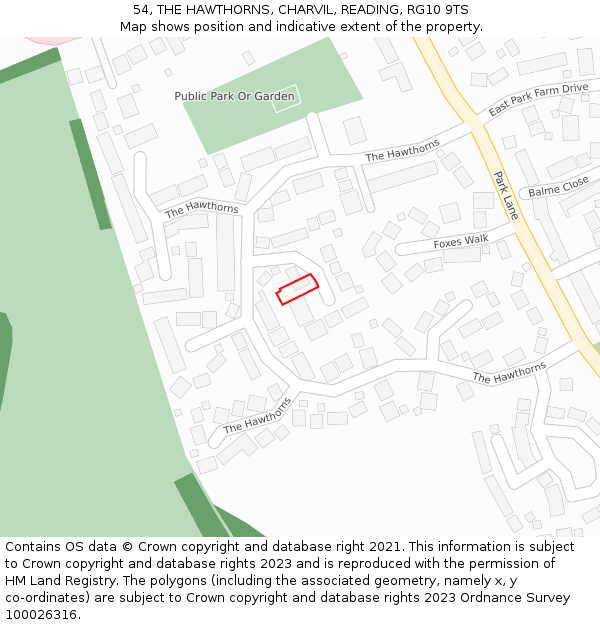 54, THE HAWTHORNS, CHARVIL, READING, RG10 9TS: Location map and indicative extent of plot