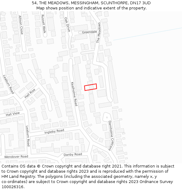 54, THE MEADOWS, MESSINGHAM, SCUNTHORPE, DN17 3UD: Location map and indicative extent of plot