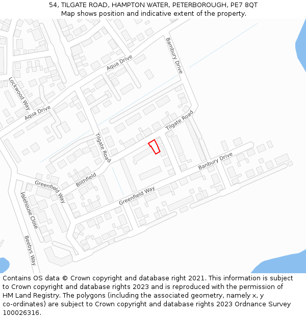 54, TILGATE ROAD, HAMPTON WATER, PETERBOROUGH, PE7 8QT: Location map and indicative extent of plot