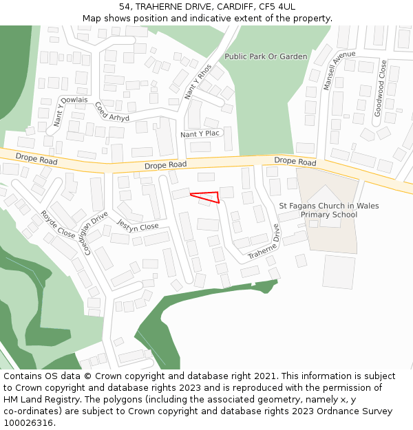54, TRAHERNE DRIVE, CARDIFF, CF5 4UL: Location map and indicative extent of plot