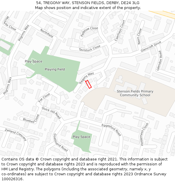 54, TREGONY WAY, STENSON FIELDS, DERBY, DE24 3LG: Location map and indicative extent of plot