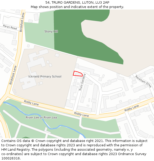 54, TRURO GARDENS, LUTON, LU3 2AP: Location map and indicative extent of plot