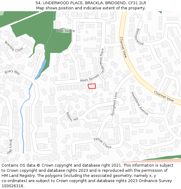 54, UNDERWOOD PLACE, BRACKLA, BRIDGEND, CF31 2LR: Location map and indicative extent of plot
