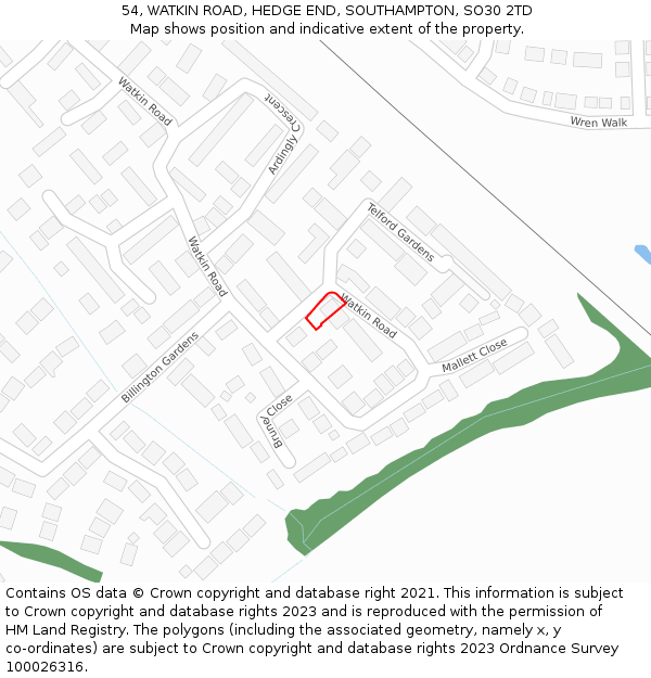 54, WATKIN ROAD, HEDGE END, SOUTHAMPTON, SO30 2TD: Location map and indicative extent of plot
