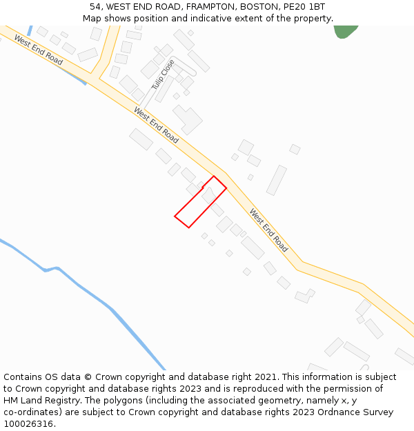 54, WEST END ROAD, FRAMPTON, BOSTON, PE20 1BT: Location map and indicative extent of plot