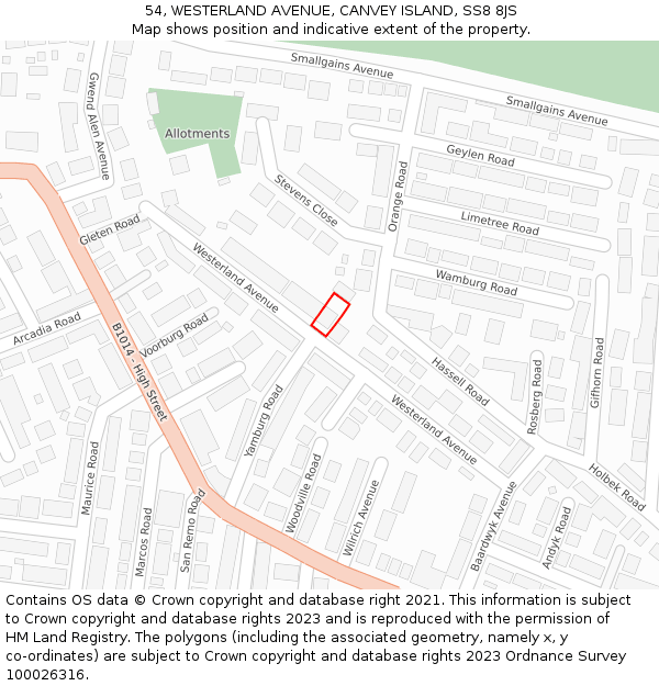 54, WESTERLAND AVENUE, CANVEY ISLAND, SS8 8JS: Location map and indicative extent of plot