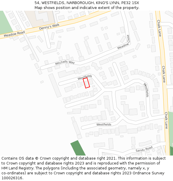 54, WESTFIELDS, NARBOROUGH, KING'S LYNN, PE32 1SX: Location map and indicative extent of plot