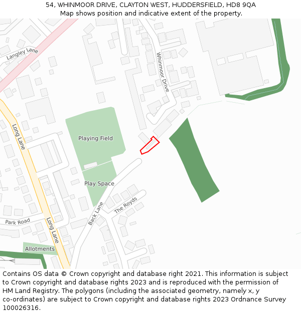 54, WHINMOOR DRIVE, CLAYTON WEST, HUDDERSFIELD, HD8 9QA: Location map and indicative extent of plot