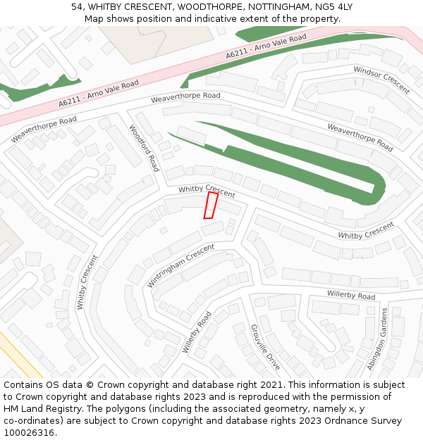 54, WHITBY CRESCENT, WOODTHORPE, NOTTINGHAM, NG5 4LY: Location map and indicative extent of plot