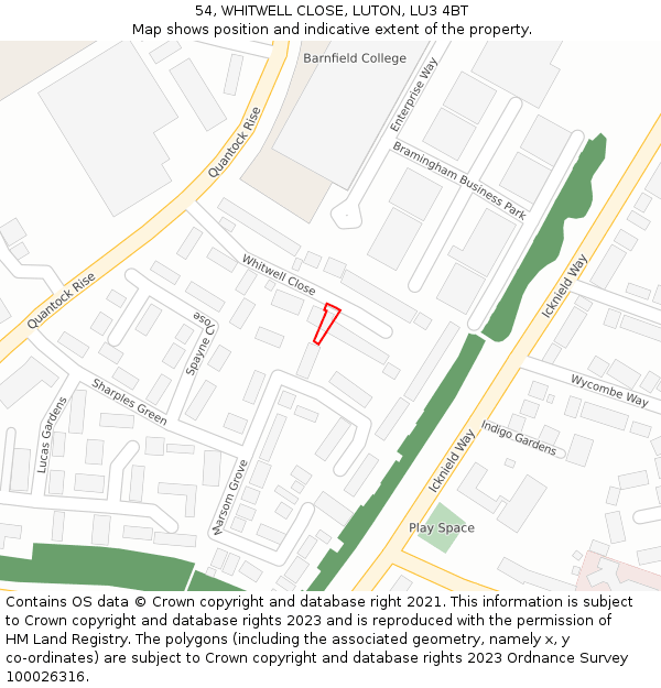 54, WHITWELL CLOSE, LUTON, LU3 4BT: Location map and indicative extent of plot