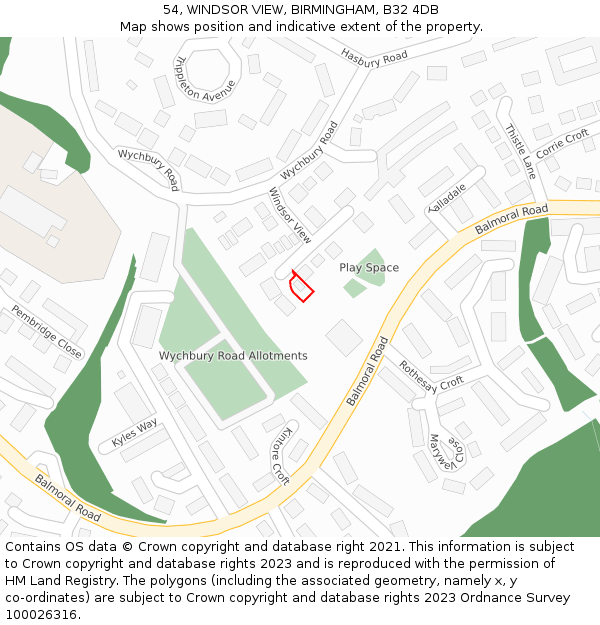 54, WINDSOR VIEW, BIRMINGHAM, B32 4DB: Location map and indicative extent of plot