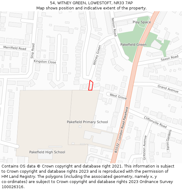 54, WITNEY GREEN, LOWESTOFT, NR33 7AP: Location map and indicative extent of plot