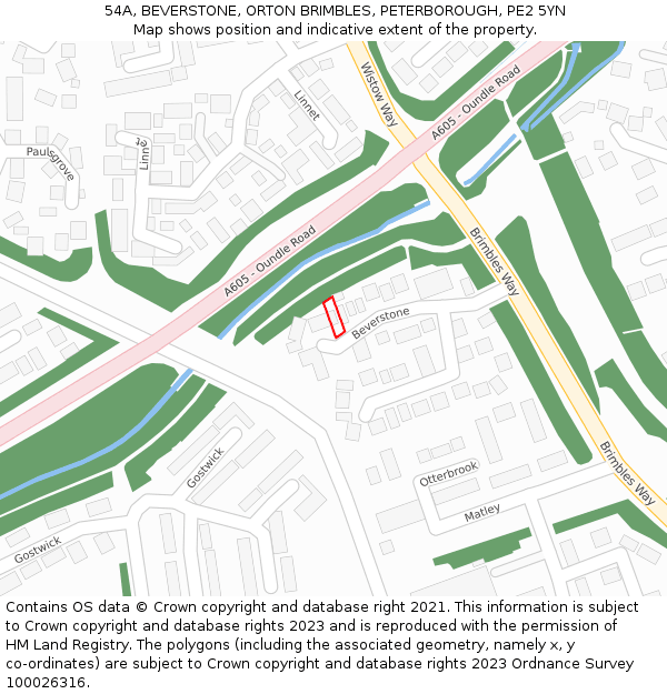 54A, BEVERSTONE, ORTON BRIMBLES, PETERBOROUGH, PE2 5YN: Location map and indicative extent of plot