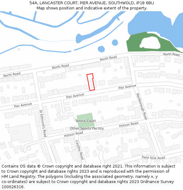 54A, LANCASTER COURT, PIER AVENUE, SOUTHWOLD, IP18 6BU: Location map and indicative extent of plot