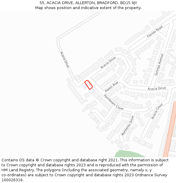 55, ACACIA DRIVE, ALLERTON, BRADFORD, BD15 9JY: Location map and indicative extent of plot