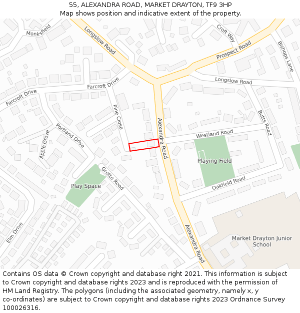 55, ALEXANDRA ROAD, MARKET DRAYTON, TF9 3HP: Location map and indicative extent of plot