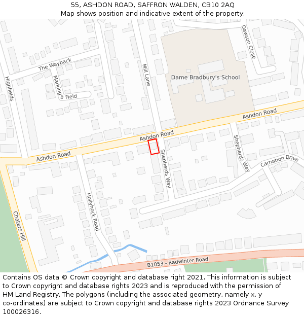 55, ASHDON ROAD, SAFFRON WALDEN, CB10 2AQ: Location map and indicative extent of plot