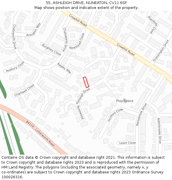 55, ASHLEIGH DRIVE, NUNEATON, CV11 6SF: Location map and indicative extent of plot