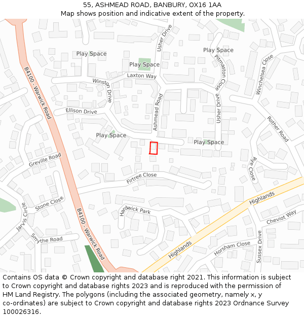 55, ASHMEAD ROAD, BANBURY, OX16 1AA: Location map and indicative extent of plot