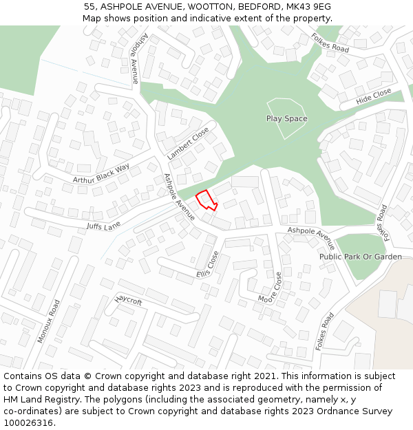 55, ASHPOLE AVENUE, WOOTTON, BEDFORD, MK43 9EG: Location map and indicative extent of plot