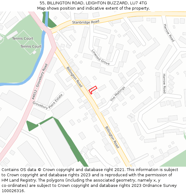 55, BILLINGTON ROAD, LEIGHTON BUZZARD, LU7 4TG: Location map and indicative extent of plot
