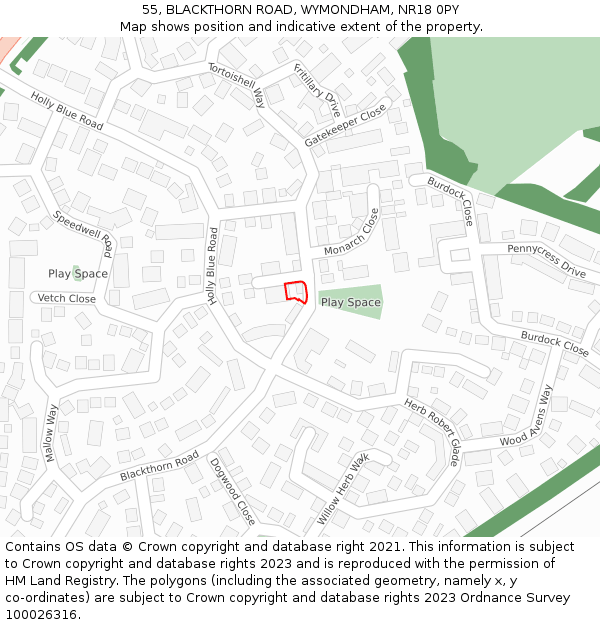 55, BLACKTHORN ROAD, WYMONDHAM, NR18 0PY: Location map and indicative extent of plot