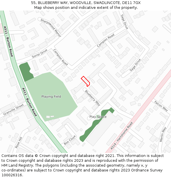55, BLUEBERRY WAY, WOODVILLE, SWADLINCOTE, DE11 7GX: Location map and indicative extent of plot