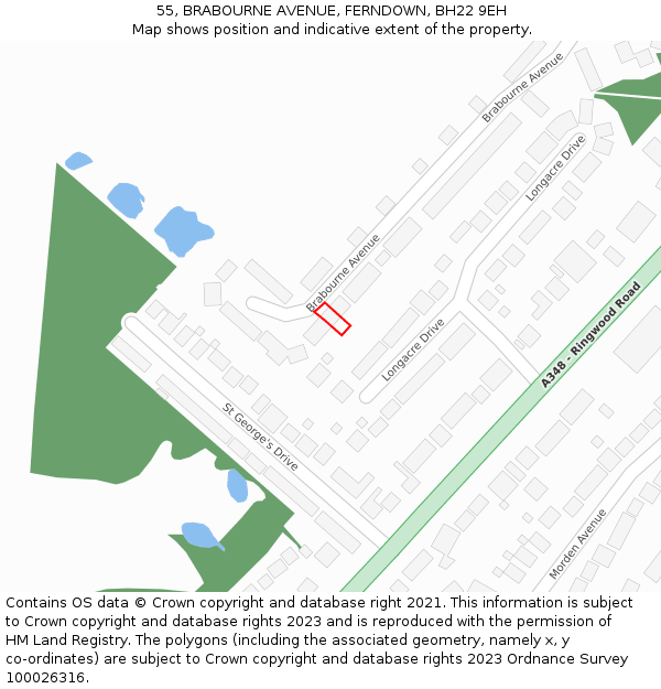 55, BRABOURNE AVENUE, FERNDOWN, BH22 9EH: Location map and indicative extent of plot
