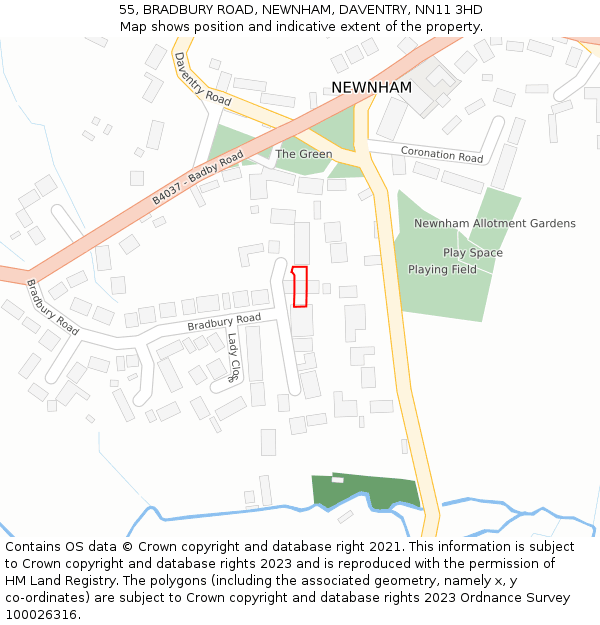55, BRADBURY ROAD, NEWNHAM, DAVENTRY, NN11 3HD: Location map and indicative extent of plot