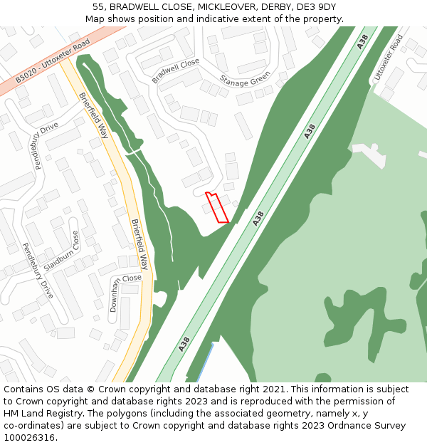 55, BRADWELL CLOSE, MICKLEOVER, DERBY, DE3 9DY: Location map and indicative extent of plot