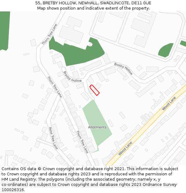 55, BRETBY HOLLOW, NEWHALL, SWADLINCOTE, DE11 0UE: Location map and indicative extent of plot