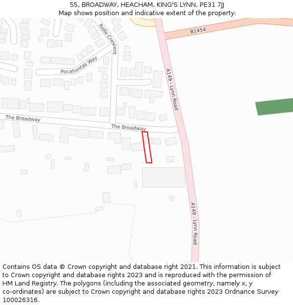 55, BROADWAY, HEACHAM, KING'S LYNN, PE31 7JJ: Location map and indicative extent of plot