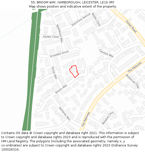 55, BROOM WAY, NARBOROUGH, LEICESTER, LE19 3RY: Location map and indicative extent of plot