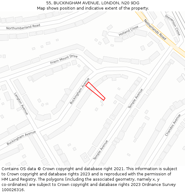 55, BUCKINGHAM AVENUE, LONDON, N20 9DG: Location map and indicative extent of plot