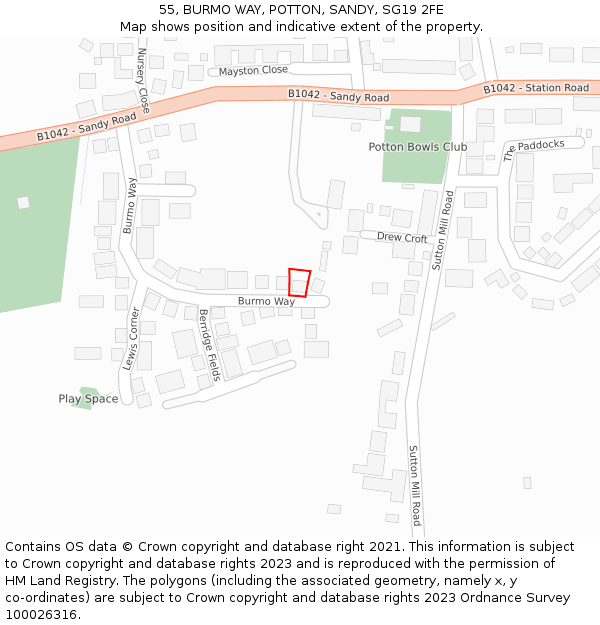 55, BURMO WAY, POTTON, SANDY, SG19 2FE: Location map and indicative extent of plot