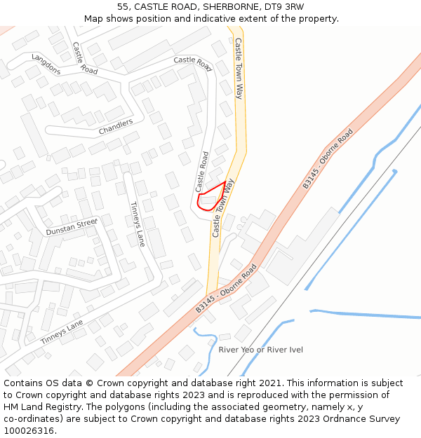 55, CASTLE ROAD, SHERBORNE, DT9 3RW: Location map and indicative extent of plot