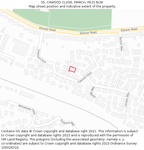 55, CAWOOD CLOSE, MARCH, PE15 8UW: Location map and indicative extent of plot
