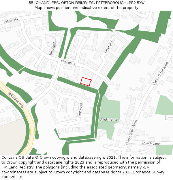 55, CHANDLERS, ORTON BRIMBLES, PETERBOROUGH, PE2 5YW: Location map and indicative extent of plot