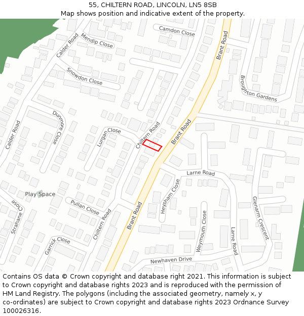 55, CHILTERN ROAD, LINCOLN, LN5 8SB: Location map and indicative extent of plot