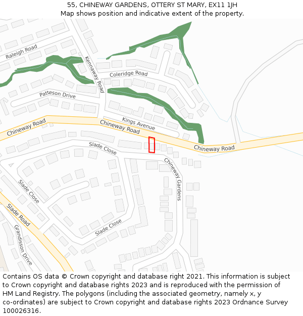 55, CHINEWAY GARDENS, OTTERY ST MARY, EX11 1JH: Location map and indicative extent of plot
