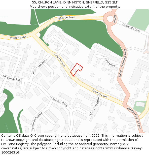 55, CHURCH LANE, DINNINGTON, SHEFFIELD, S25 2LT: Location map and indicative extent of plot