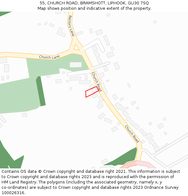 55, CHURCH ROAD, BRAMSHOTT, LIPHOOK, GU30 7SQ: Location map and indicative extent of plot
