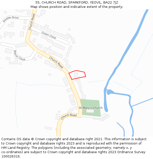55, CHURCH ROAD, SPARKFORD, YEOVIL, BA22 7JZ: Location map and indicative extent of plot