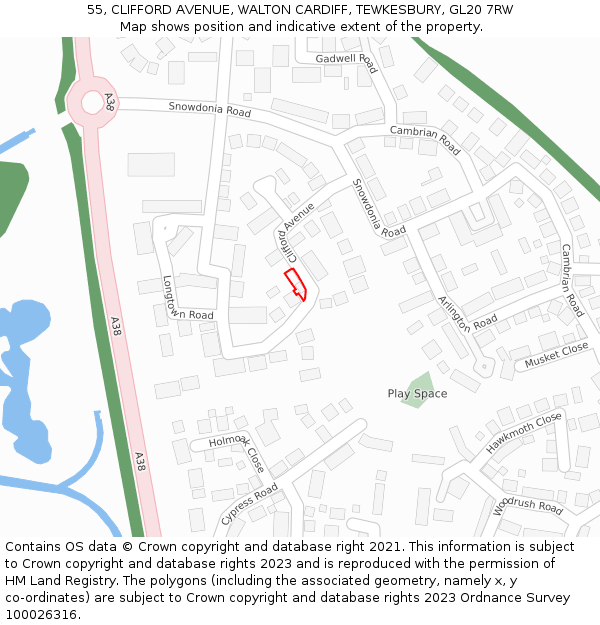 55, CLIFFORD AVENUE, WALTON CARDIFF, TEWKESBURY, GL20 7RW: Location map and indicative extent of plot
