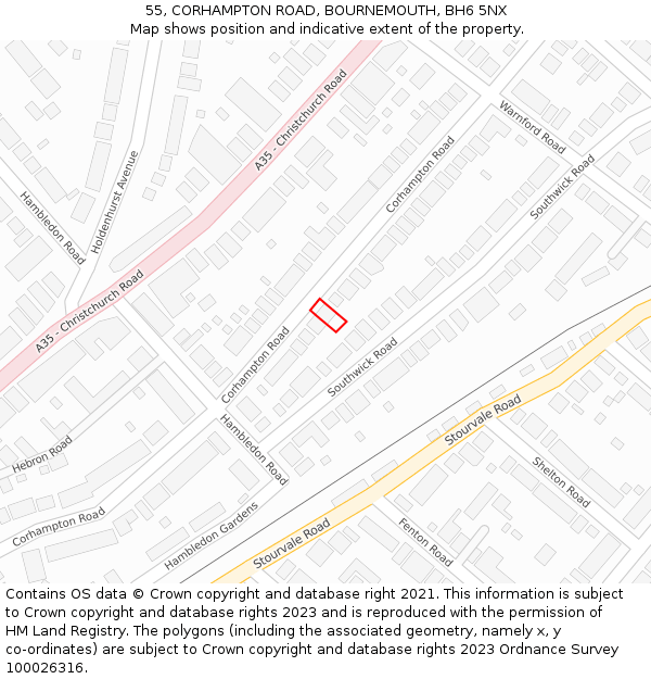 55, CORHAMPTON ROAD, BOURNEMOUTH, BH6 5NX: Location map and indicative extent of plot