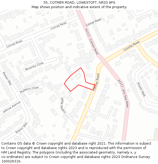 55, COTMER ROAD, LOWESTOFT, NR33 9PS: Location map and indicative extent of plot