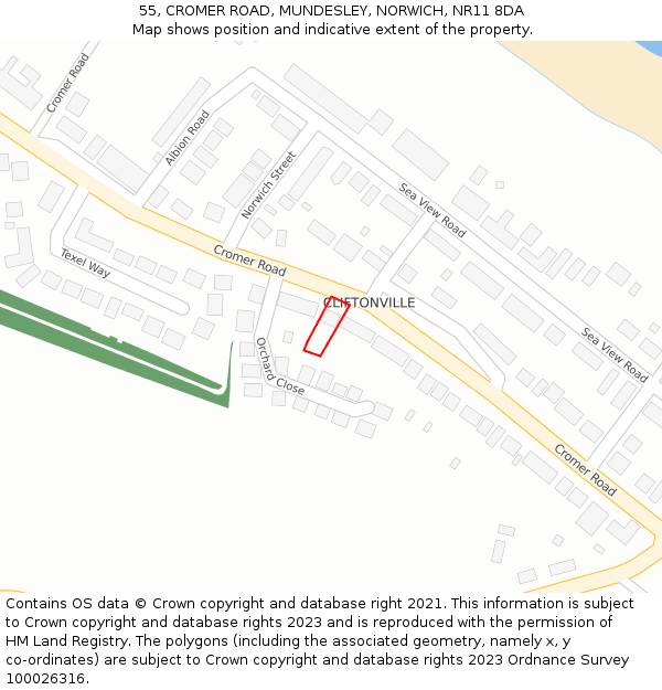55, CROMER ROAD, MUNDESLEY, NORWICH, NR11 8DA: Location map and indicative extent of plot