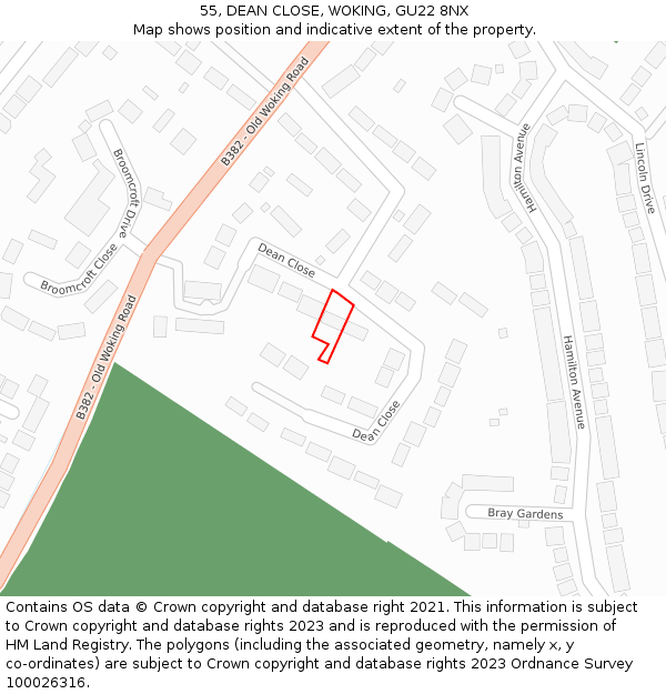 55, DEAN CLOSE, WOKING, GU22 8NX: Location map and indicative extent of plot